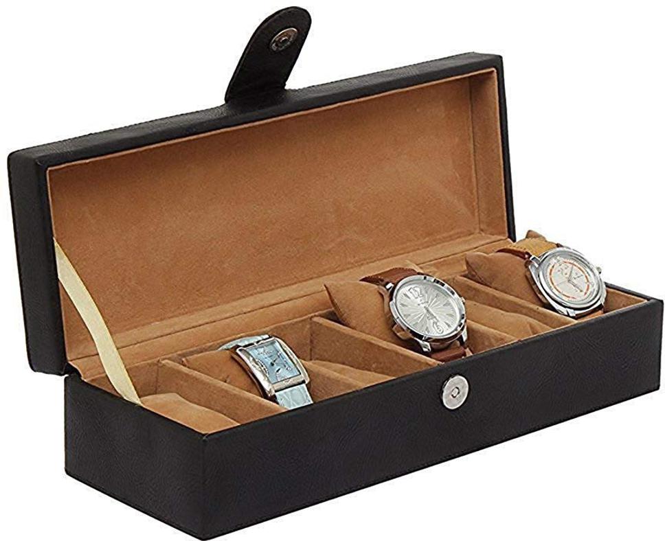 4 Slots Stylish Beige Watch Box with Plain Leather Finish