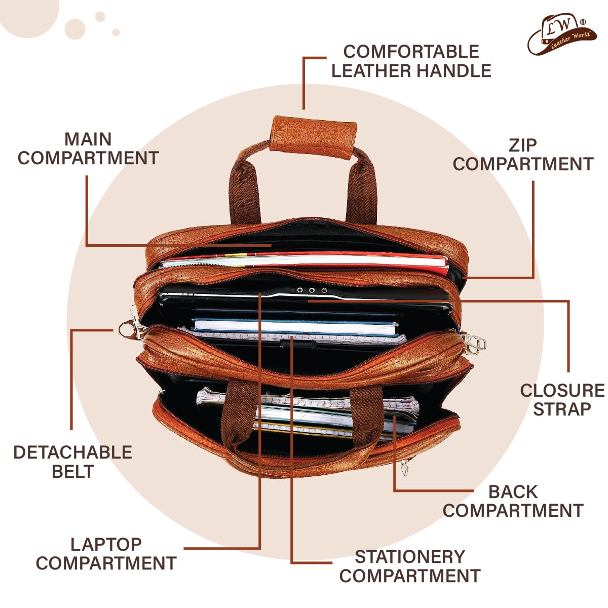 Expandable Leatherette Brown Unisex Office Laptop Messenger Bag